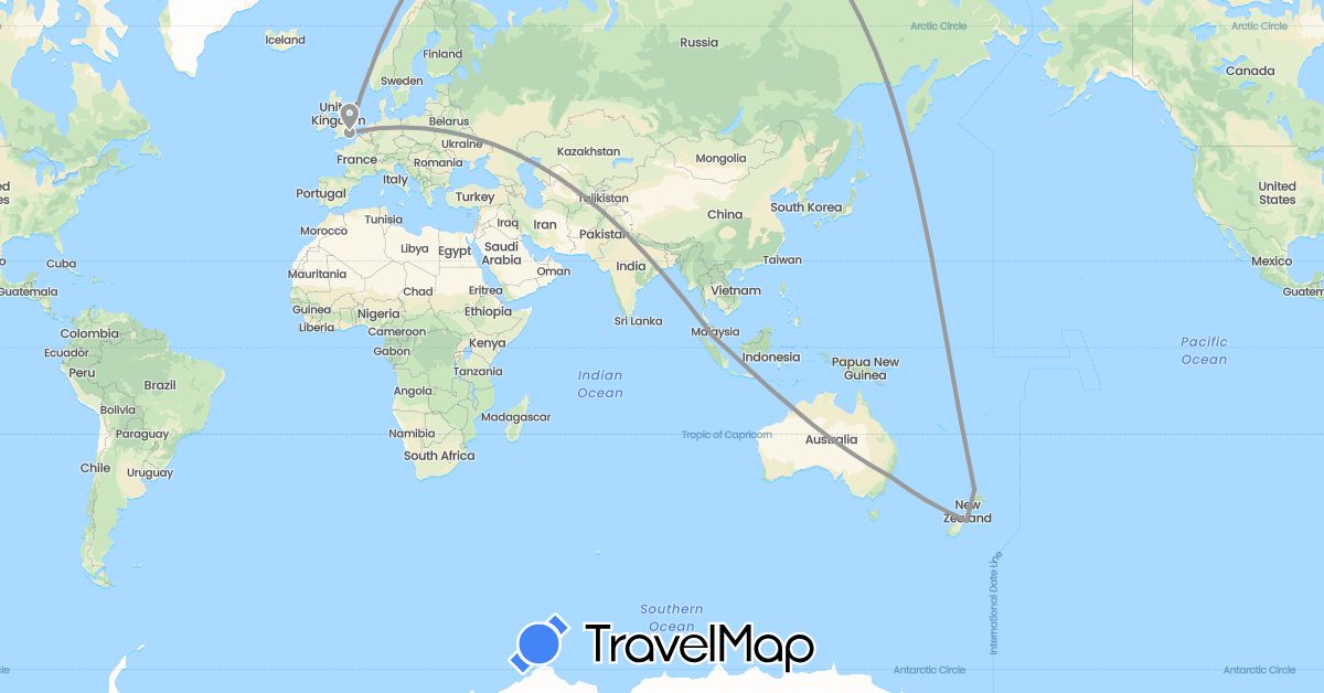 TravelMap itinerary: driving, plane in Australia, United Kingdom, Malaysia, New Zealand (Asia, Europe, Oceania)